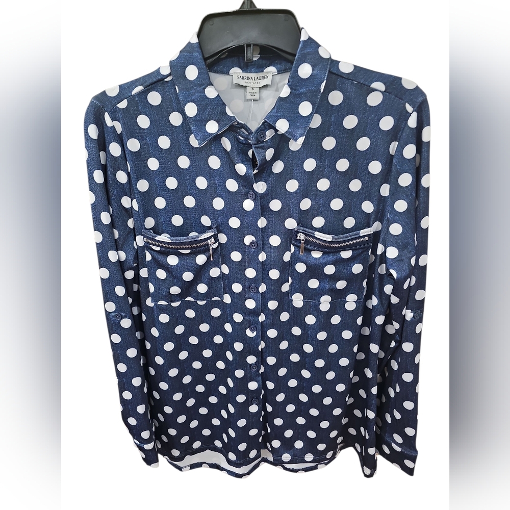 Sabrina Lauren Polka Dot Blouse NWT SZ S Denim/white